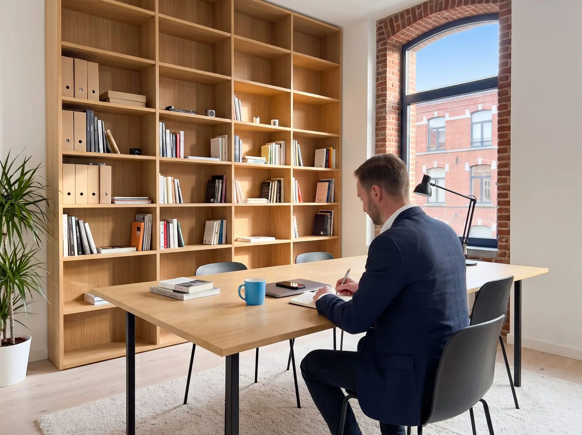 Illustration générée par intelligence artificielle : un homme de dos écrit à une table devant un mur d'étagères remplies de livres