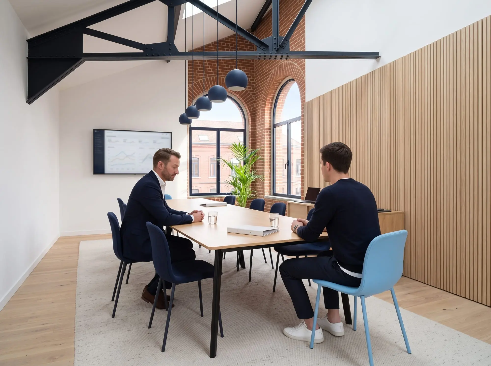 Illustration générée par intelligence artificielle : dans une longue salle sous charpente d'acier, deux personnes assises face à face à une table de chêne, l'une de dos sur une chaise bleu ciel, l'autre de profil qui écoute