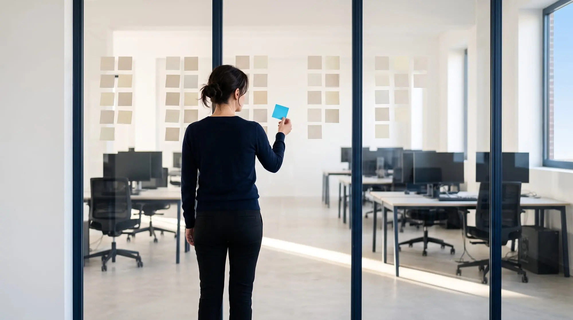 Illustration générée par intelligence artificielle : une personne de dos devant une cloison vitrée couverte de pastilles, une pastille bleue à la main, le plateau désert derrière
