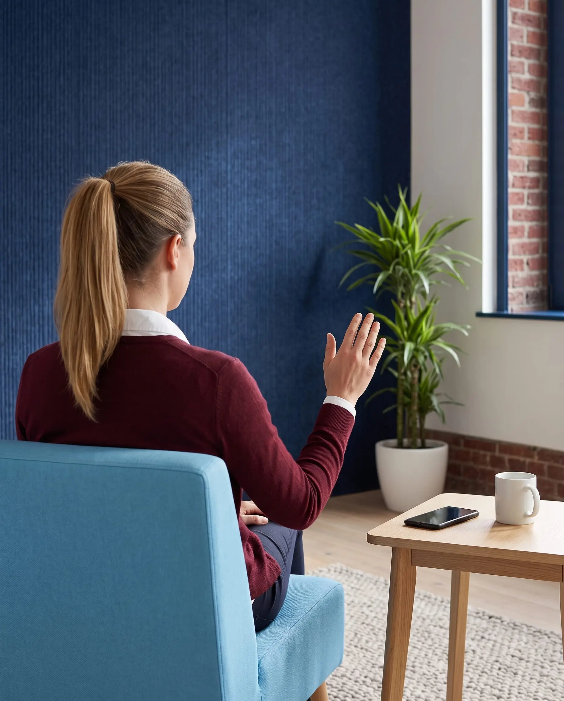 Illustration générée par intelligence artificielle : une femme de dos dans un fauteuil bleu ciel, la main suspendue au-dessus de son téléphone posé face contre table