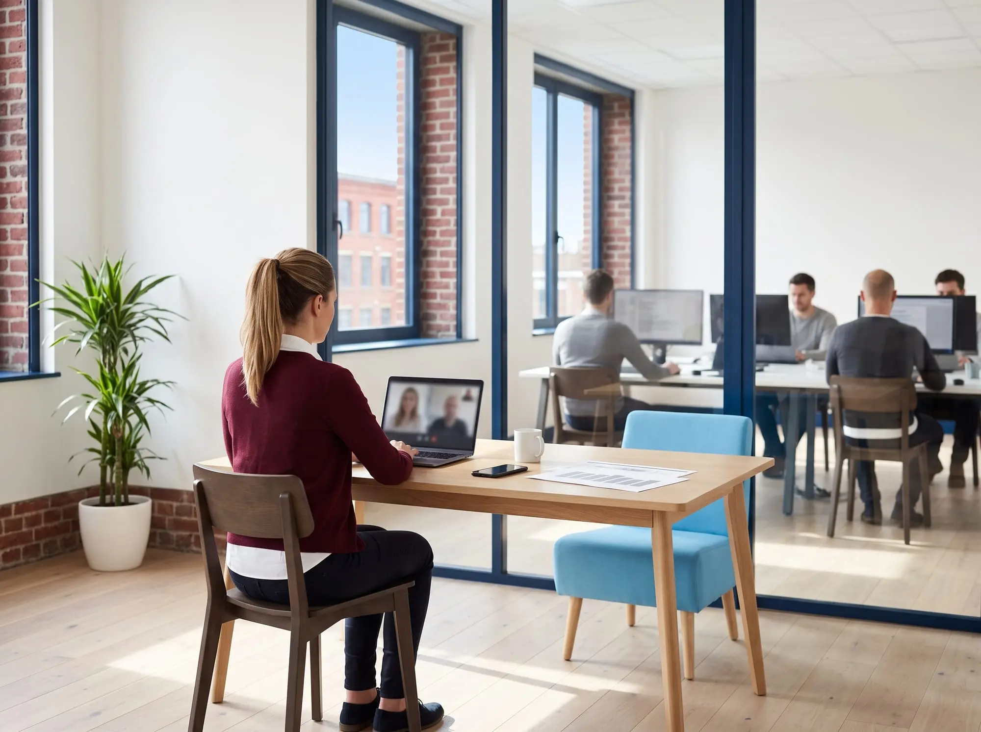 Illustration générée par intelligence artificielle : une femme de dos à son bureau devant un appel vidéo flou, et derrière une cloison vitrée l'équipe de production au travail