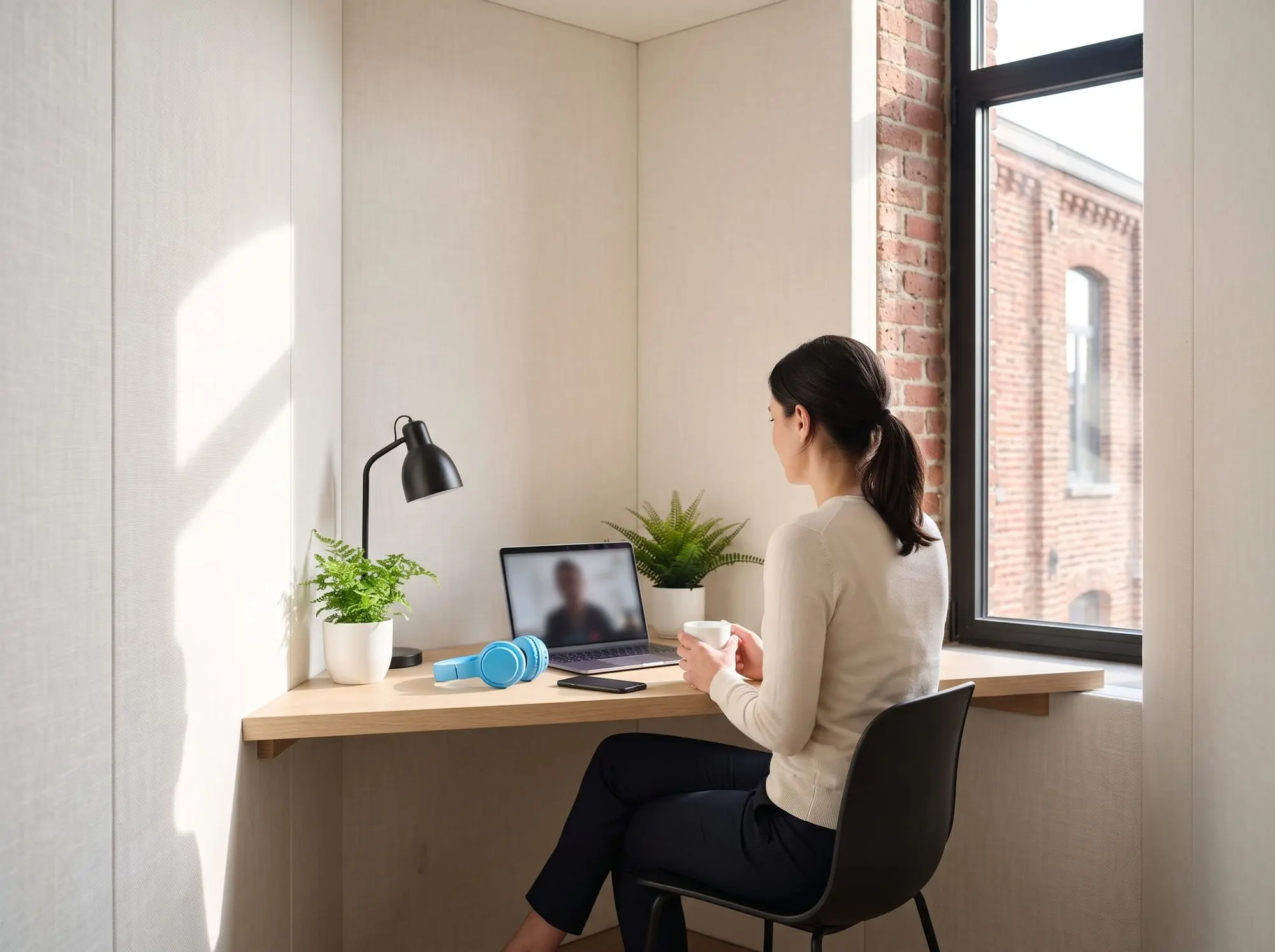 Illustration générée par intelligence artificielle : dans une cabine tapissée de panneaux clairs, une femme de dos en appel vidéo, une tasse à la main