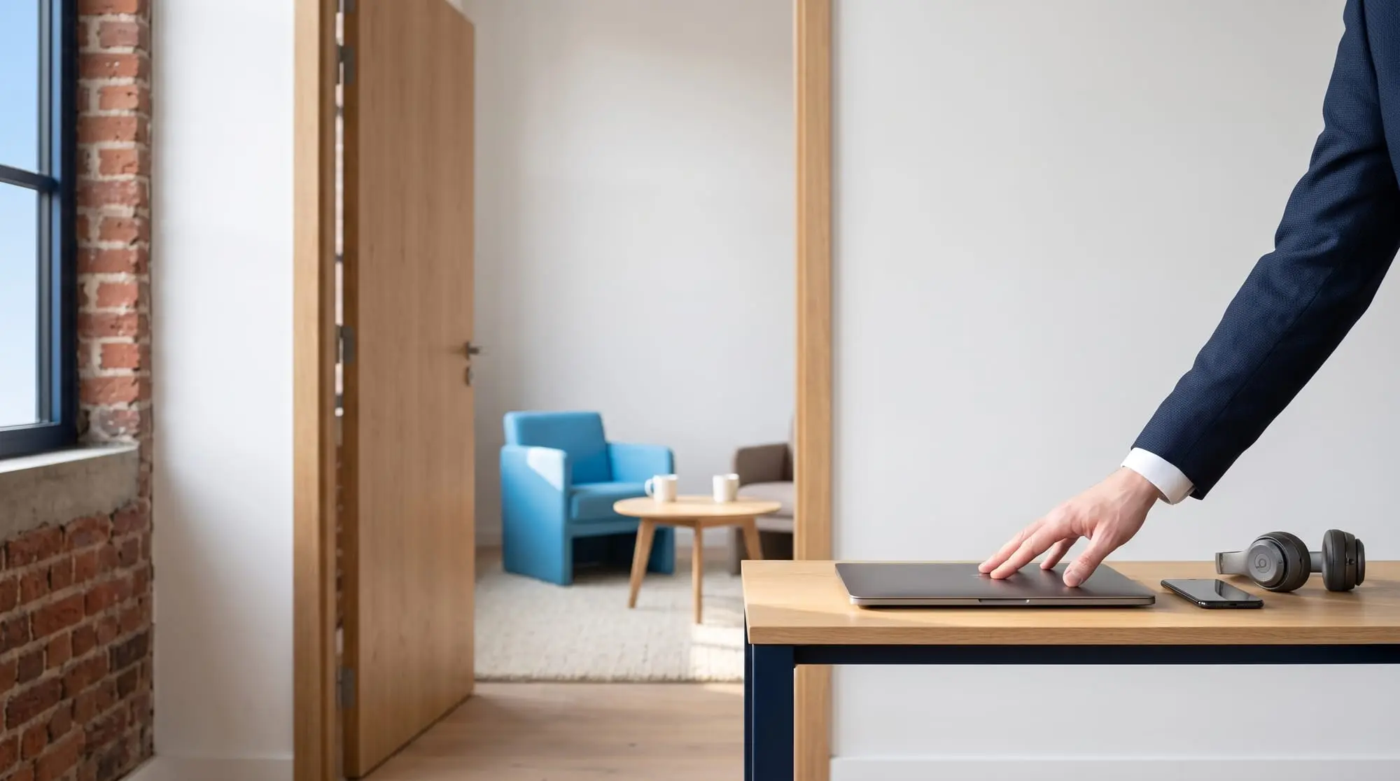 Illustration générée par intelligence artificielle : une main pose un ordinateur fermé sur une console, et derrière la porte ouverte on aperçoit deux fauteuils de séance