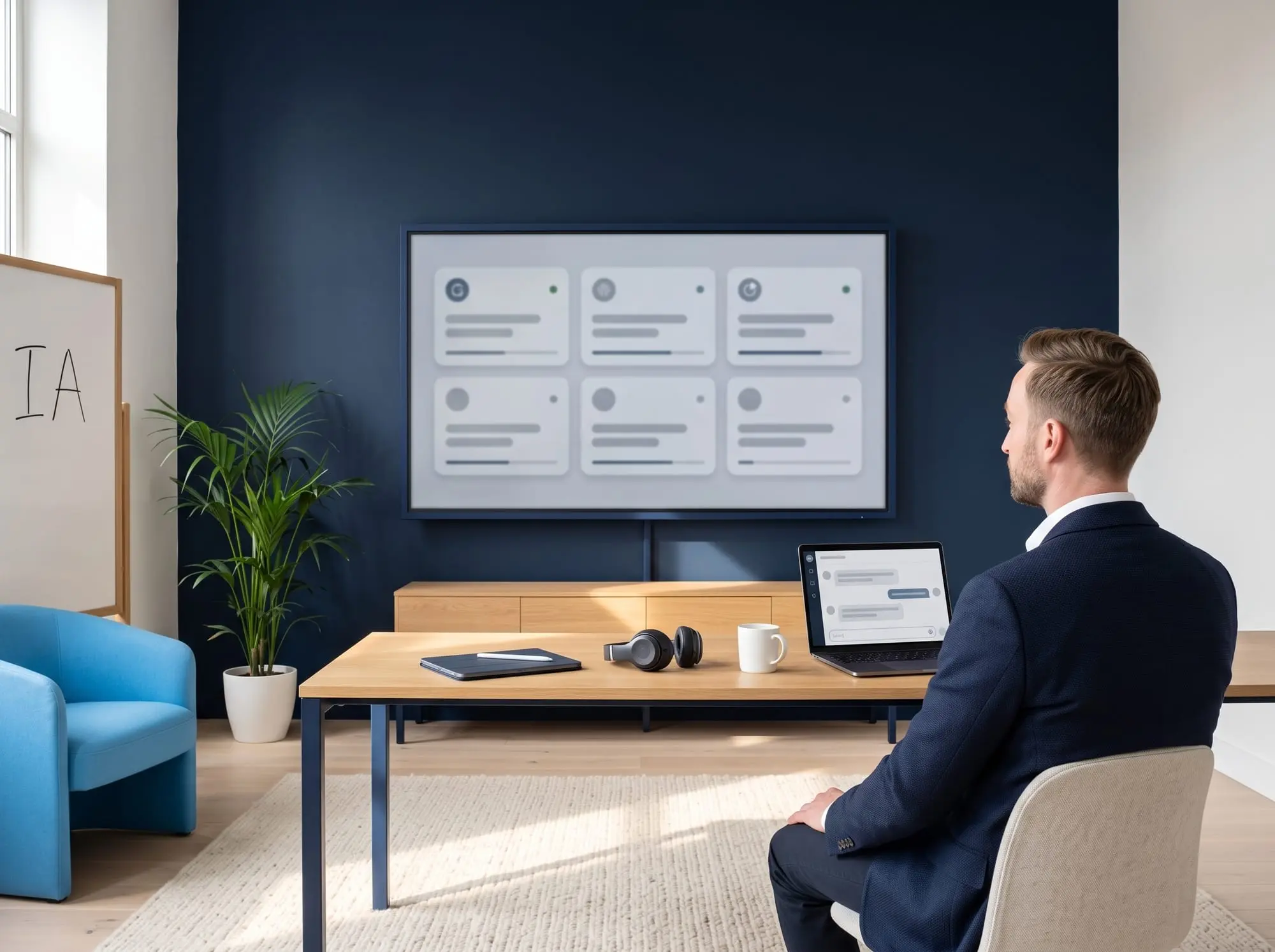 Illustration générée par intelligence artificielle : un homme de dos devant un grand écran affichant une console d'agents, un ordinateur ouvert sur une conversation, et les lettres IA écrites sur un tableau