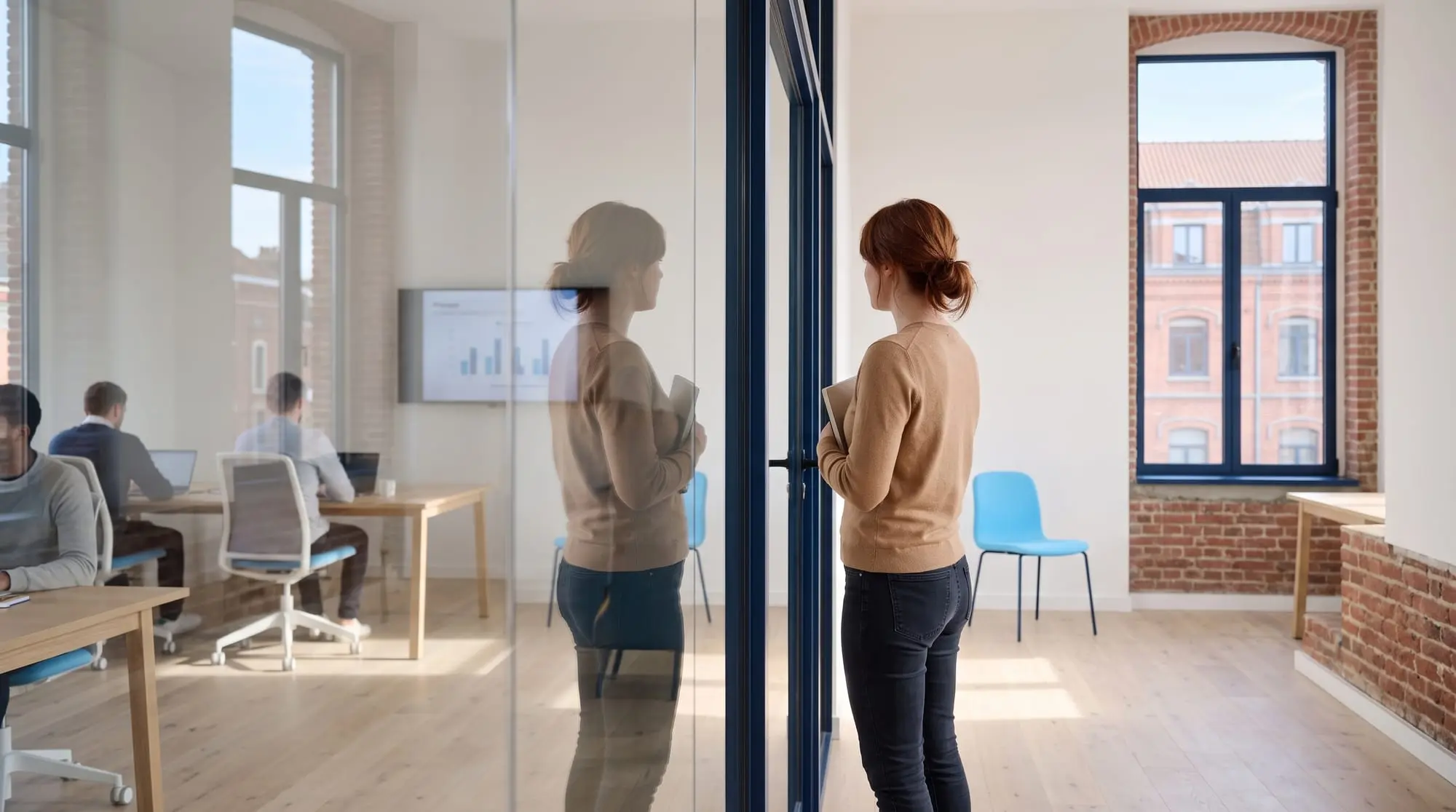 Illustration générée par intelligence artificielle : une femme de dos devant une cloison vitrée où son reflet se dédouble, et derrière la vitre des collègues au travail