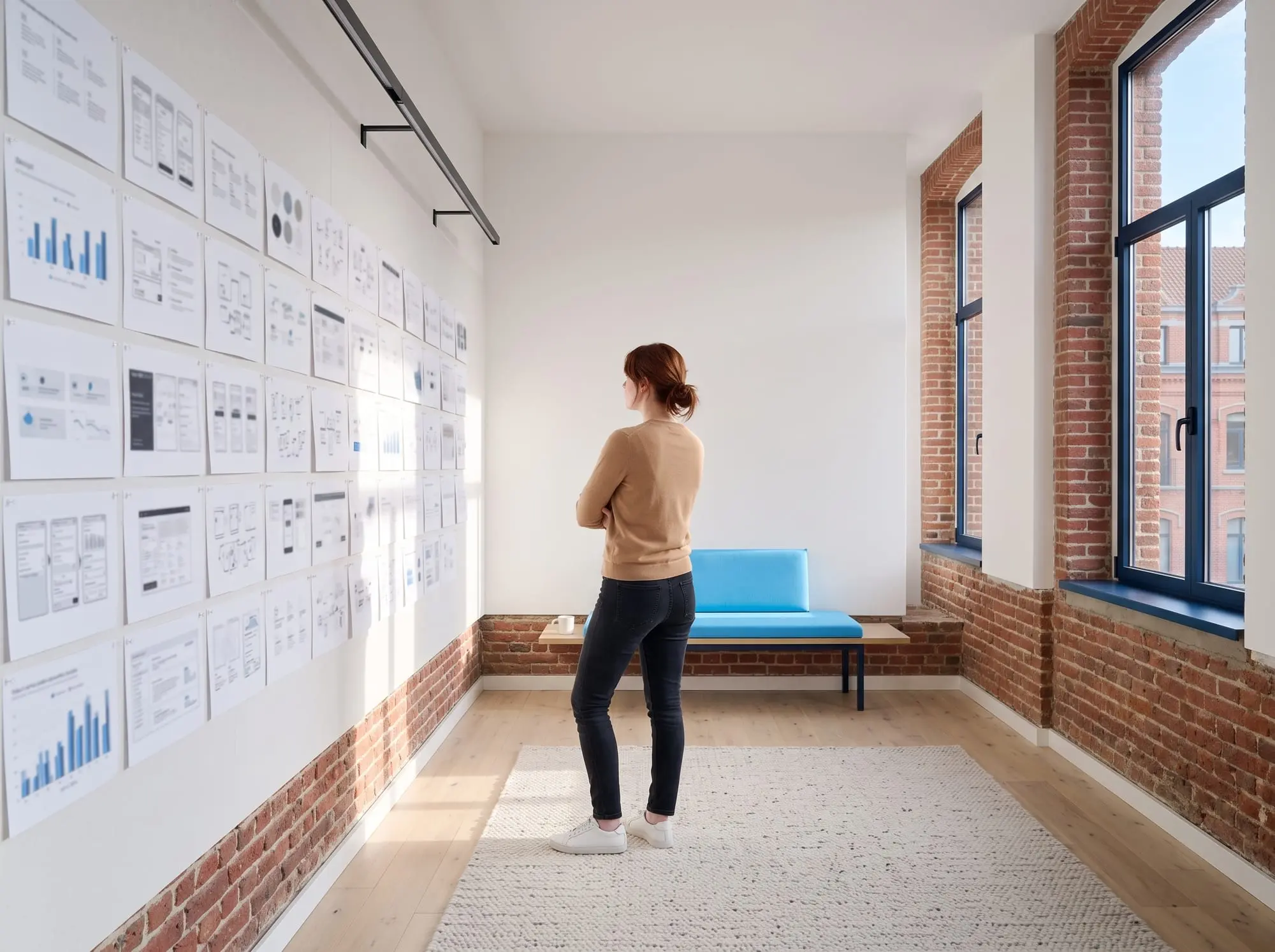 Illustration générée par intelligence artificielle : une femme de dos, bras croisés, devant un mur couvert de travaux imprimés et épinglés