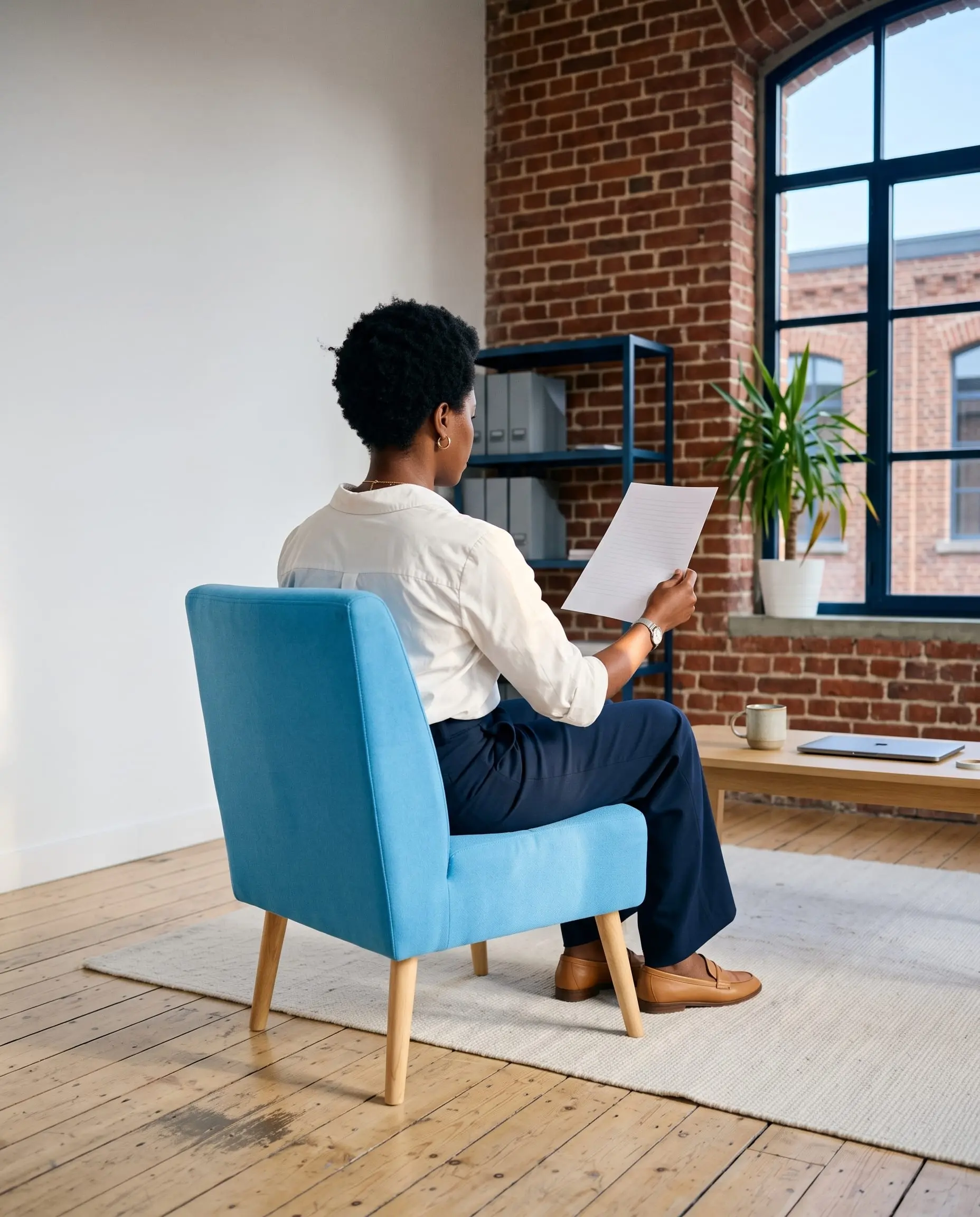 Illustration générée par intelligence artificielle : une femme de dos, assise droite dans un fauteuil bleu ciel, relit une feuille qu'elle tient levée devant elle