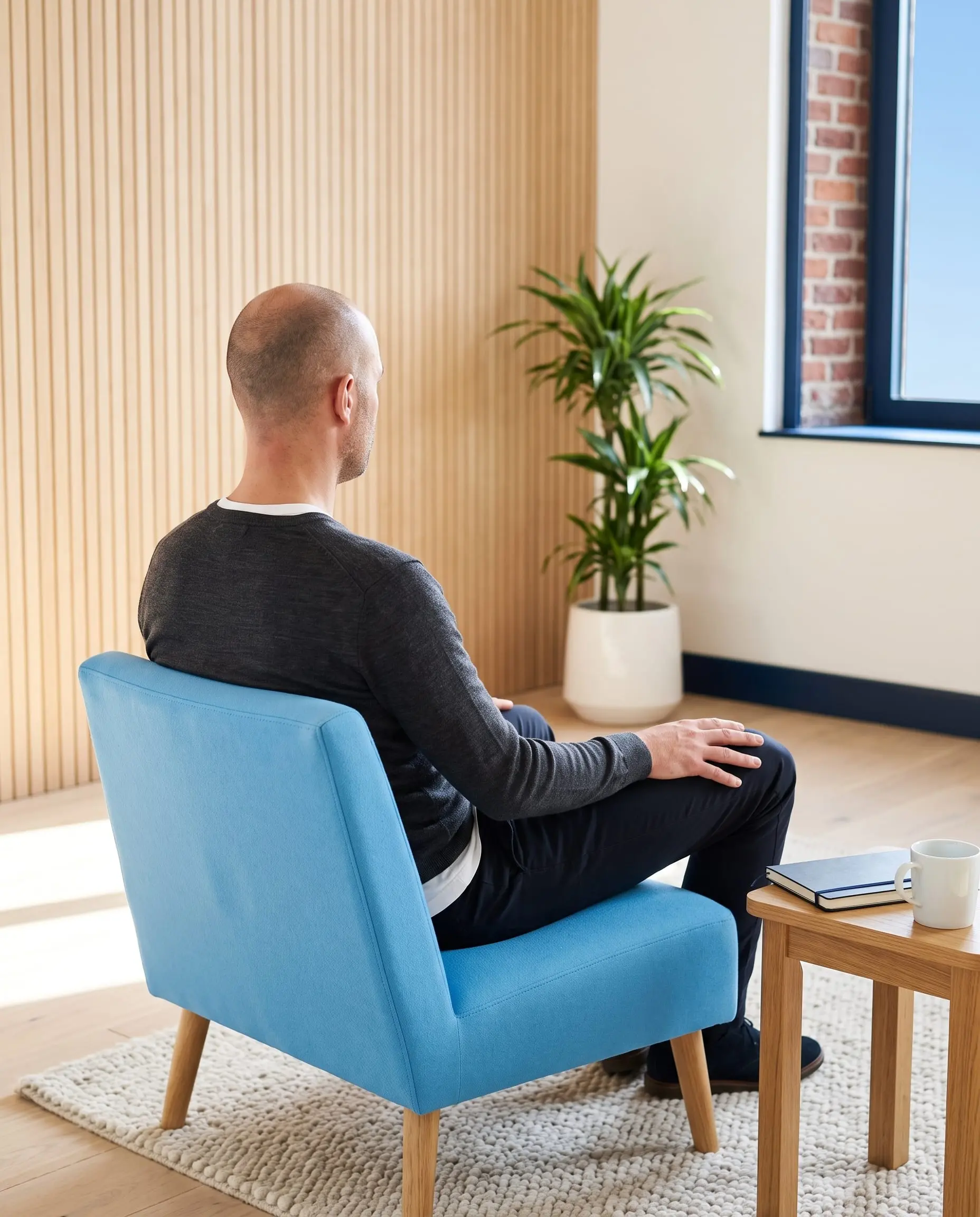 Illustration générée par intelligence artificielle : un homme de dos, assis au fond d'un fauteuil bleu ciel, épaules relâchées, dans une pièce calme