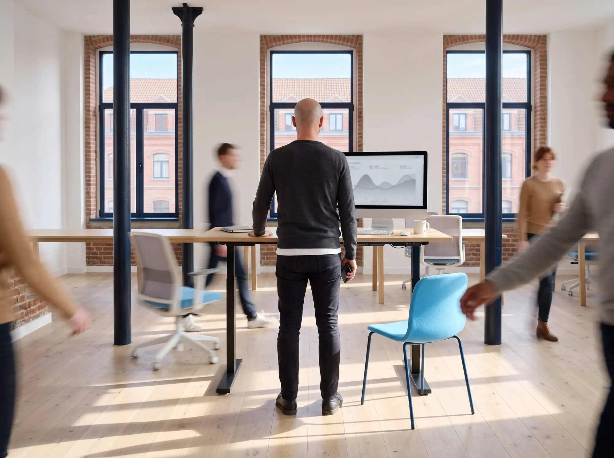 Illustration générée par intelligence artificielle : un homme immobile de dos à un bureau debout, tandis que plusieurs personnes passent autour de lui en flou de mouvement