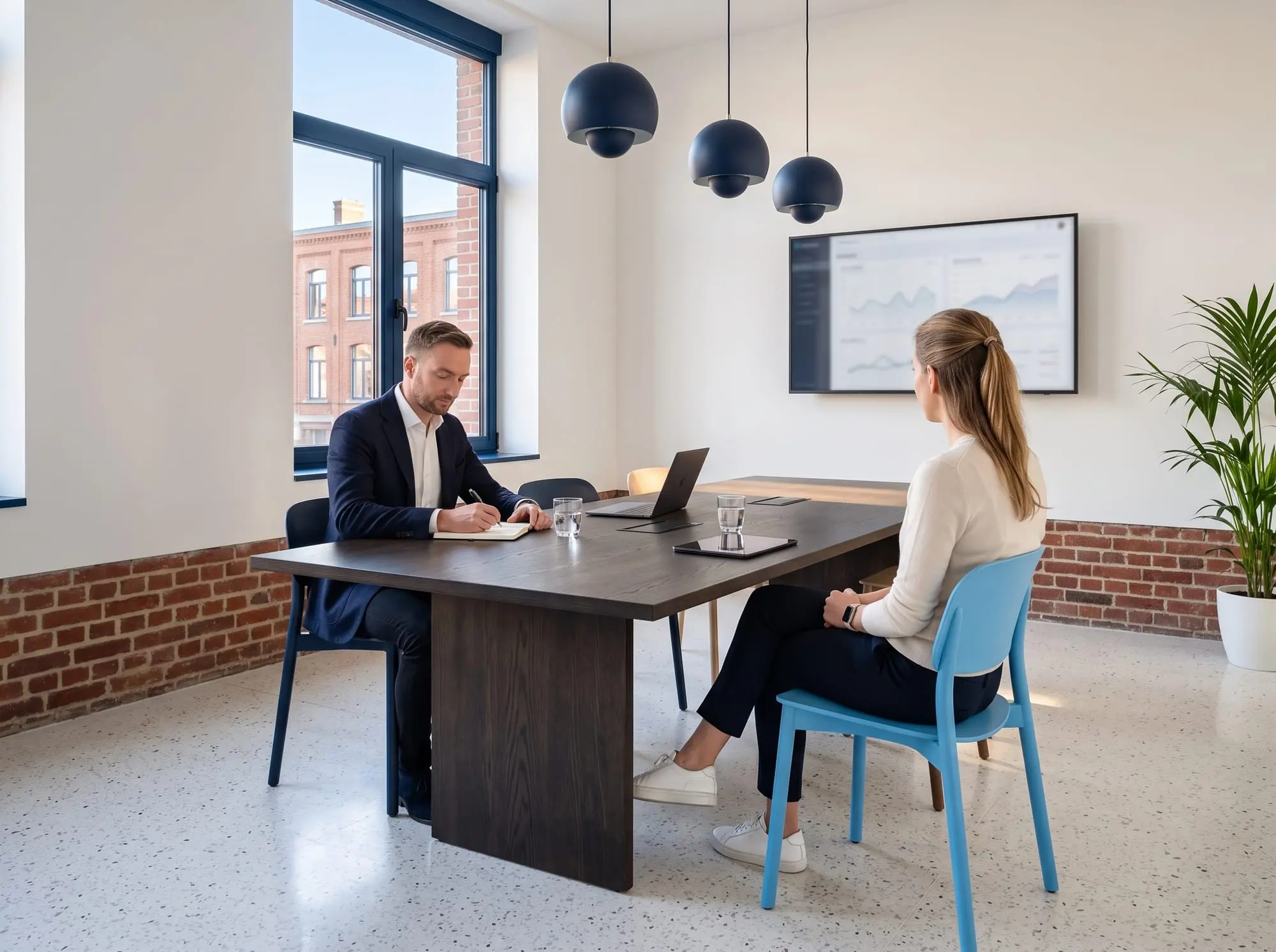 Illustration générée par intelligence artificielle : trois chaises autour d'une table de conseil, deux personnes en séance et une chaise vide tournée vers elles
