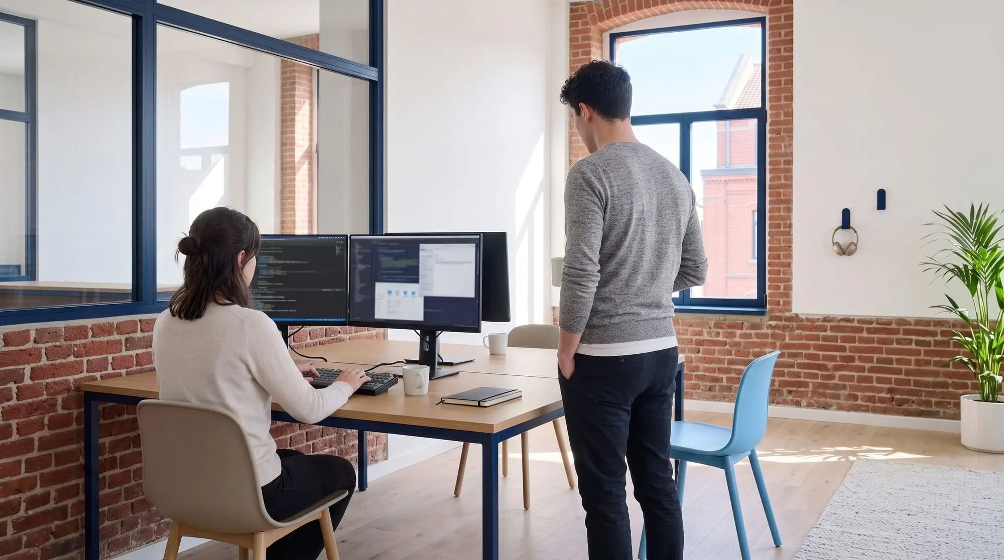 Illustration générée par intelligence artificielle : une personne assise travaille à deux écrans, une autre se tient debout derrière elle, une tasse à la main, sans toucher au clavier