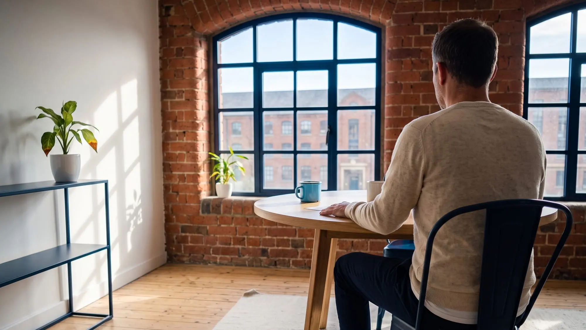 Illustration générée par intelligence artificielle : un homme de dos assis à une table ronde devant une grande fenêtre en arc, une seule feuille imprimée posée devant lui