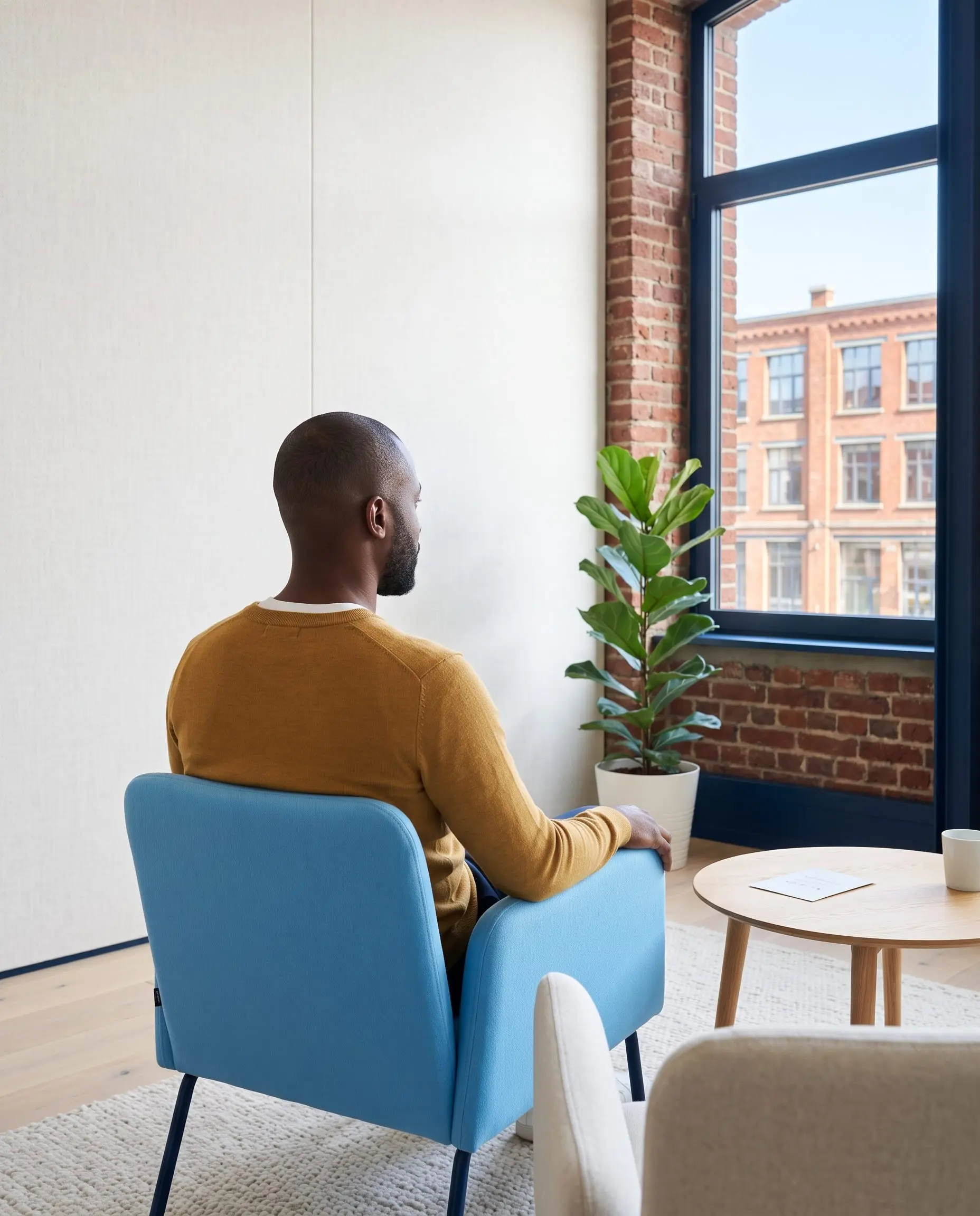 Illustration générée par intelligence artificielle : un homme de dos dans un fauteuil bleu ciel, tourné vers la fenêtre, une fiche et une tasse posées sur la table basse