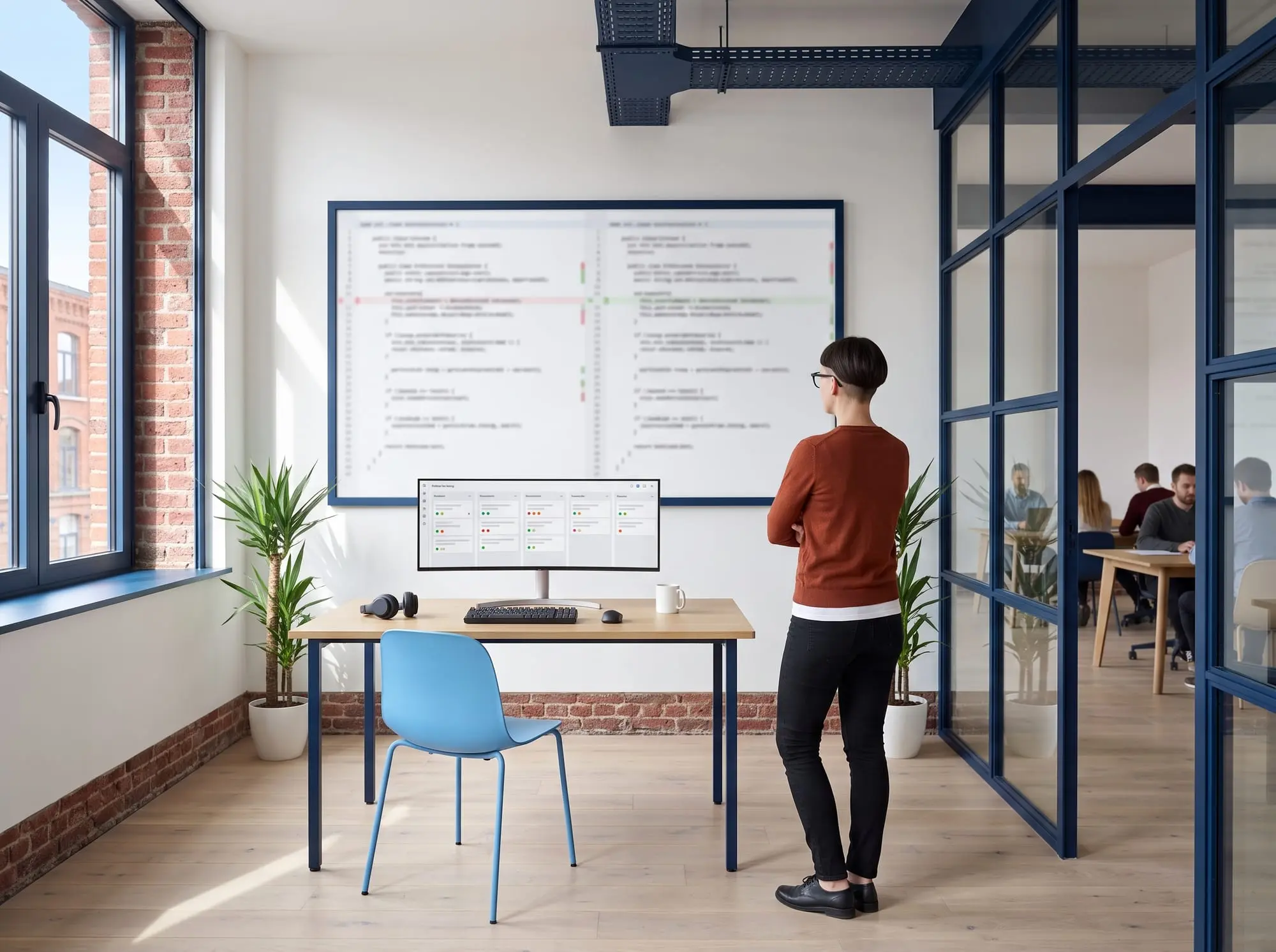 Illustration générée par intelligence artificielle : une femme de dos, bras croisés, devant un grand écran affichant une revue de code, son propre écran montrant un tableau de suivi