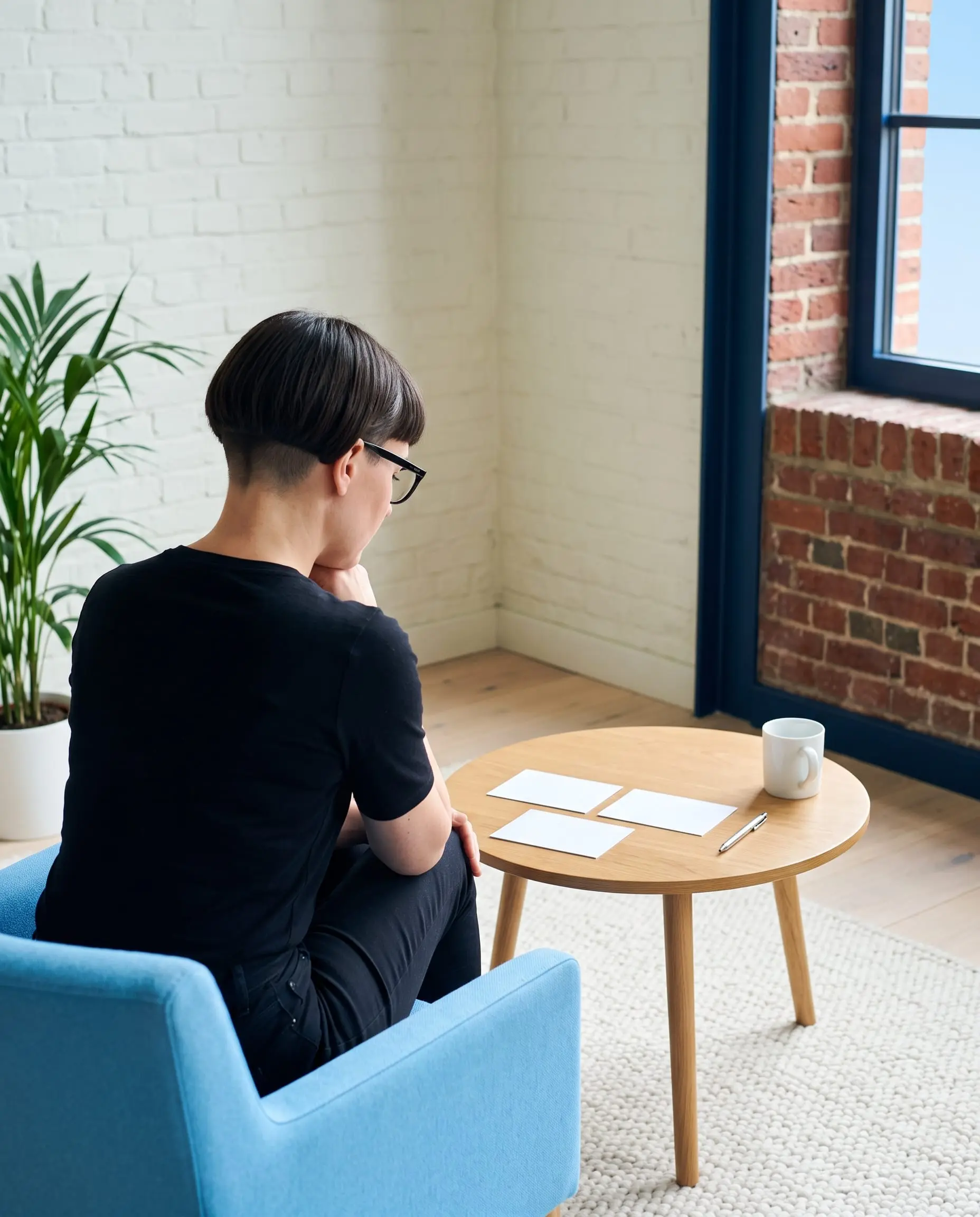 Illustration générée par intelligence artificielle : une femme de dos dans un fauteuil bleu ciel, penchée vers trois fiches posées en ligne sur une table basse