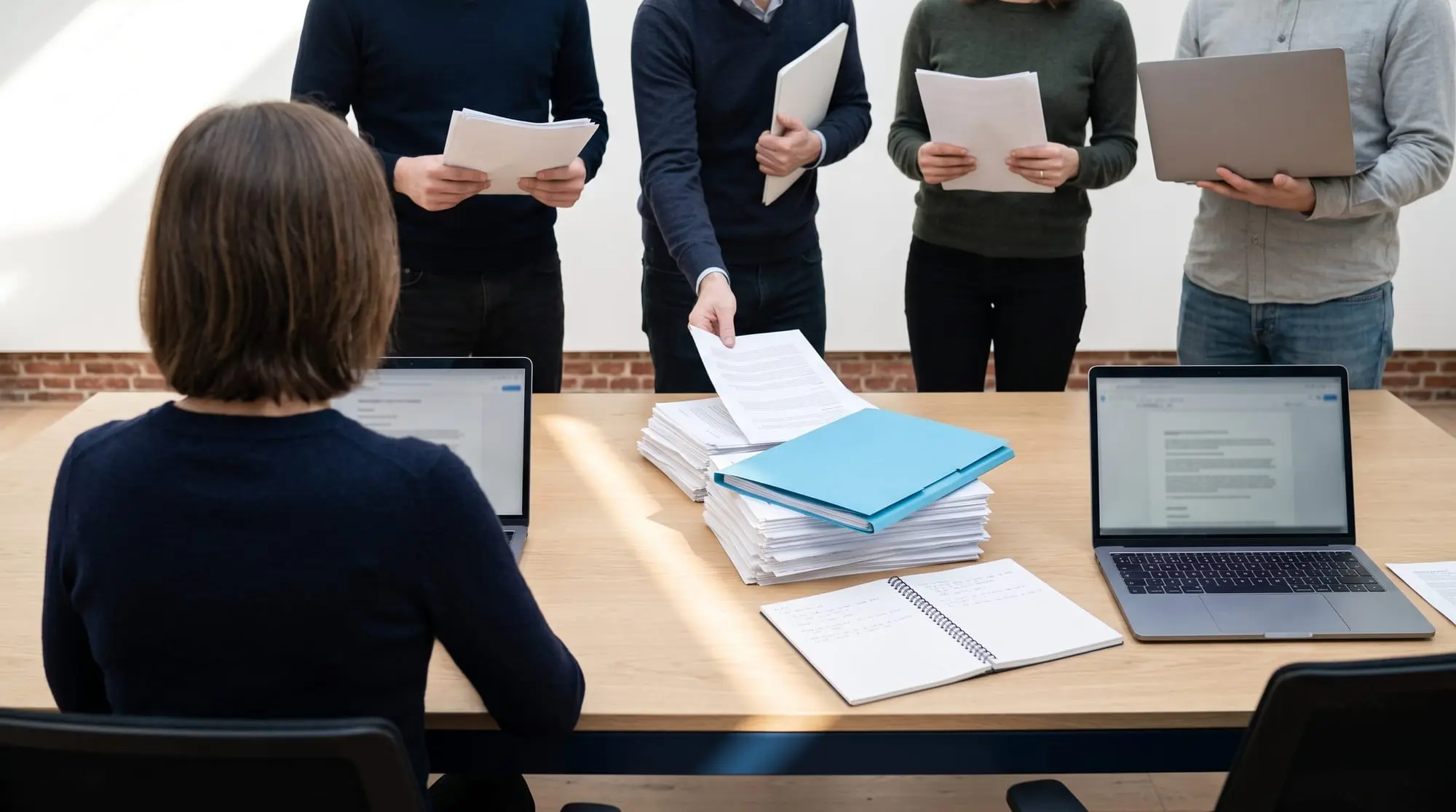 Illustration générée par intelligence artificielle : une personne assise de dos à son bureau, quatre collègues debout devant elle avec des documents à la main, une pile de dossiers entre eux